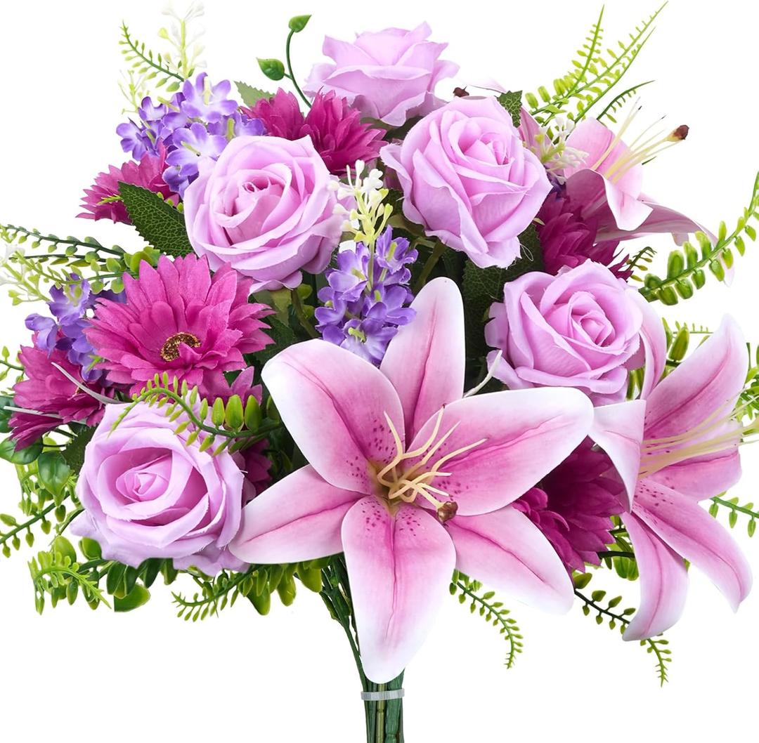 HUAESIN Artificial Flowers Purple Cemetery Flowers Memorial Day Fake Rose Hyacinth with Chrysanthemum Bouquet Summer Silk Floral Arrangement for Home Garden Wedding Table Entryway Indoor Outdoor Decor