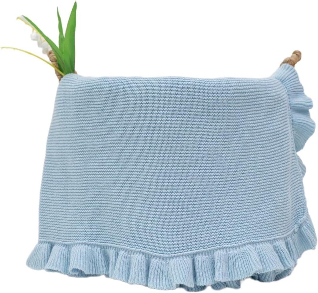 Cotton Baby Blanket with Ruffle Edge Soft Breathable Newborn Blanket for Boys & Girls, Lightweight Knit Throw for Crib, Blue 28x36