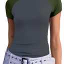 Abardsion Trendy Baby Tees for Women Y2K Shirts Cute Short Sleeve Crewneck Slim Fit Going Out Tops (Dark Grey & Army Green Sleeve, S)