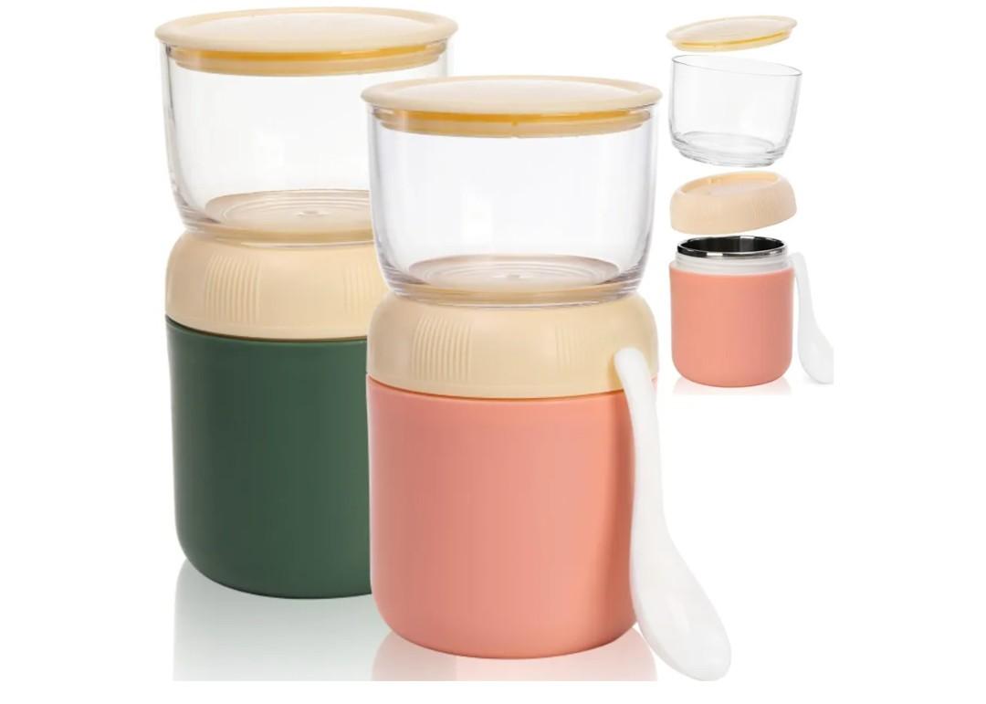 Eorbow 2 Pack Insulated Yogurt Container, 24oz Breakfast On the Go Cup with Plastic Topping Cereal Oatmeal Cup, 2-in-1 Food Storage Jar with Lid and Spoon, Overnight Oats Container for Soup Lunch