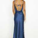 Summer Satin Spaghetti Strap Cowl Neck Backless Midi Dresses for Women Elegant Tie Low Back Ruched Cocktail Dress Navy, Small