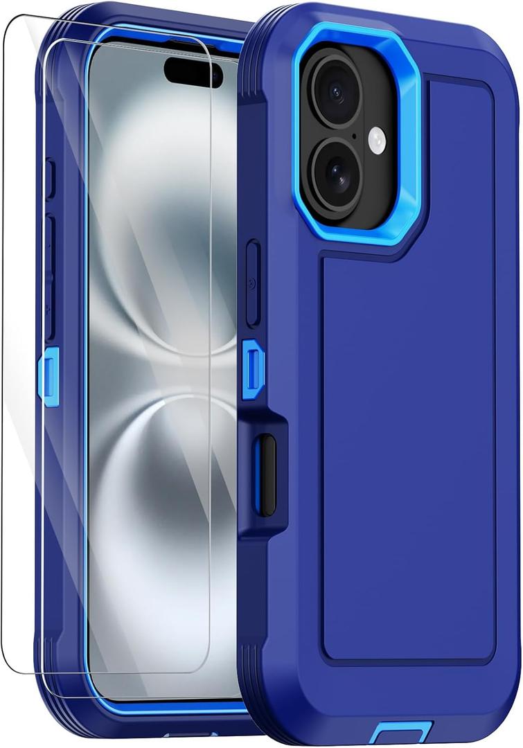 Annymall for iPhone 16 Case with 2 Screen Protector,Shockproof Drop Protection Dust Proof Heavy Duty Military Grade Multi-Layer Rugged Protective Phone Cover for Apple iPhone 16 (Blue)
