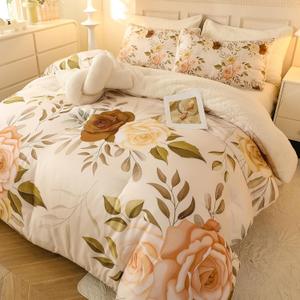 Floral Print Sherpa Comforter Set - Full Size 3 Pieces Elegant Flowers Botanical Bedding Set Warm Cozy Beige 1 Quilt with 2 Pillowcases, 80x90 in