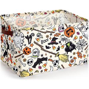 Halloween Ghost Basket with Handles Boo Pumpkin Bat Horror Storage Bin White Spooky Large Foldable Toy Laundry Storage for Halloween Room Car Decoration Bucket Laundry Box (14.96 x 10.63 x 9.45 inches)
