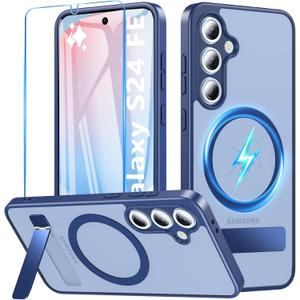 Hensinple for Samsung Galaxy S24 FE Case with Glass Screen Protector& Built in Stand, Military Shockproof Rugged Heavy Duty Protection Slim Matte Transparent Cover Phone Case for Galaxy S24 FE(Blue)