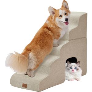Joydeco Dog Stairs for Bed 29" H, 5-Step Pet Steps for Small Dogs and Cats, Dog Steps for High Bed, Non-Slip Balanced Ramp Indoor Pet Stairs, Beige