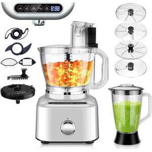 Homtone 16 Cup Food Processor, Large 11-in-1 Heavy Duty Food Processors and Blender Combo- 5 Preset Modes for Chopping,Shredding, Slicing, Kneading, Blending, Stepless Speed Control, 650W, Silver