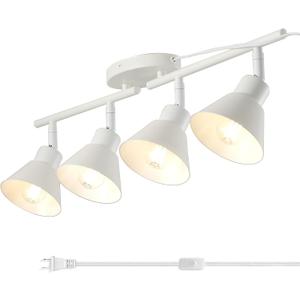 4 Light Plug in Track Lighting Kit,Modern Plug in Ceiling Light Fixture,14.7ft Cord,On/Off Switch,4 Way Ceiling Spot Lighting,Flexibly Rotatable Light Head (Bulbs Not Included) (White)