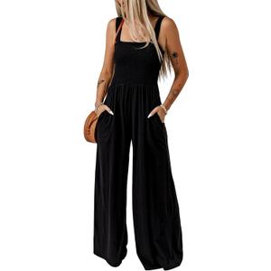 Dokotoo Women's Casual Loose Overalls Jumpsuits One Piece Sleeveless Wide Leg Long Pant Rompers With Pockets (Black), Small