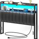 Rolanstar Headboard for Full Size Bed with Storage, 60,000 DIY Color of LED Light, Head Board with USB & Type C Port, Height Adjustable, Black Upholstered Cabeceras de Cama Comfortable Modern, Leather