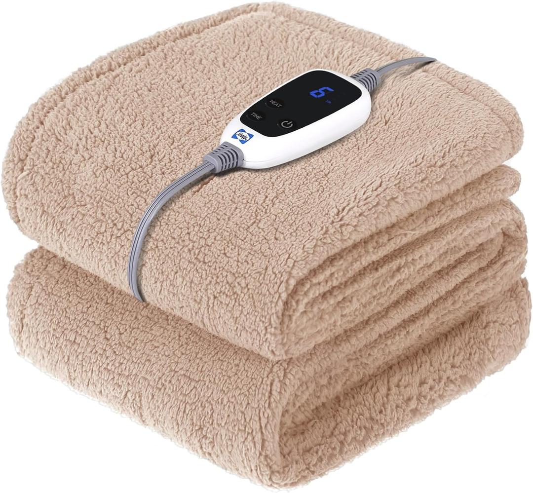 Sealy Electric Blanket Heated Throw 50"x60" Soft Double Sherpa Super Cozy with 6 Fast Heating Levels & 2-10 Hours Auto-Off, Over-Heat Protection, Machine Washable, Camel