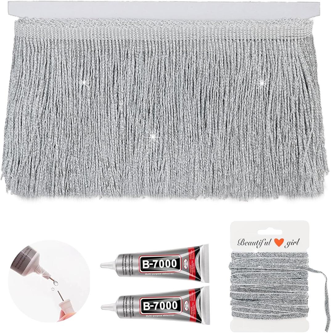 Silver Glittery Fringes, 5 Yards X 4 Inch Fringe Trim with B7000 Glue, Tassels Trim for Crafts Sewing Fringe Trim by The Yard for Clothing Curtain