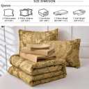 WONGS BEDDING Gold Comforter Set Queen Size, Damask Texture Design 7 Pieces Bed in a Bag Microfiber Comforter Bedding Sets -1 Comforter, 1 Flat Sheet, 1 Fitted Sheet, 2 Pillow Shams, 2 Pillowcases