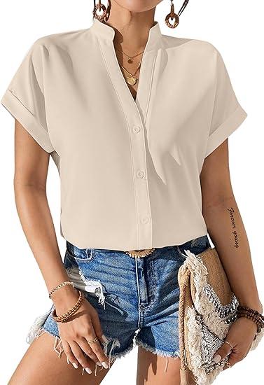 Avanova Women Button Down Short Sleeve Shirt Blouse V Neck Work Business Top XL