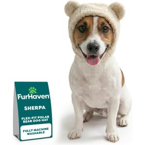 FurHaven Dog Winter Hat for Small Dogs, Sherpa Flex-Fit Polar Bear Beanie with Ear Holes for Cold Weather Warmth, Adjustable Hook & Loop Strap, Fleece Lined & Washable, Small, Cream