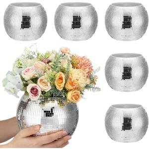 Inbagi 6 Pcs Disco Ball Planter Disco Ball Vase Centerpieces Mirror Glass Flower Vase Decor Candle Holder Bulk for Wedding Birthday Party Bedroom Kitchen Office(5.5 x 7 Inch,Silver)