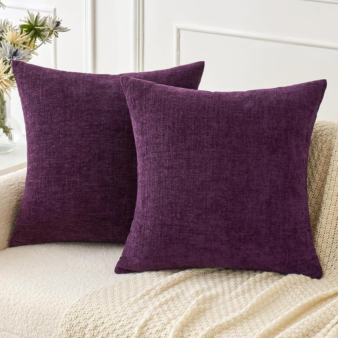 MIULEE Pack of 2 Couch Throw Pillow Covers 18x18 Inch Soft Plum Purple Chenille Pillow Covers for Sofa Living Room Solid Dyed Pillow Cases