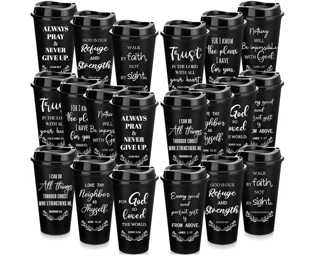 Skylety 60 Pack Christian Gifts for Men Women 16oz Reusable Bible Verse Tumbler Bulk Plastic Coffee Cups with Lids Inspirational Religious Church Gifts for Valentine Easter Birthday (Black)