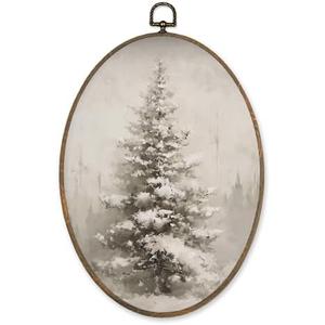 LKETW Vintage Winter Christmas Tree Oval Wall Art Decor, Christmas Oval Canvas Hanging Decor, Rustic Winter Holiday Xmas Pine Tree Wall Decorations for Home Living Room Bedroom, 8.6x11.4 Inch