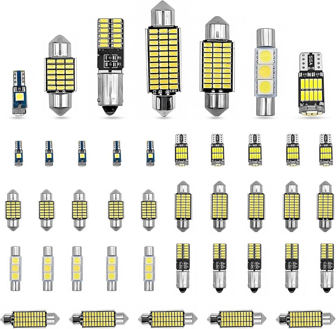 42 Pieces Car LED Dome Interior Light Kits, 28mm/31mm/36mm/41mm/BA9S/T5/T10 Bulb Kit, Car Dome Map Dash Door Trunk Indicator Light Cargo Door Courtesy License Plate (White)