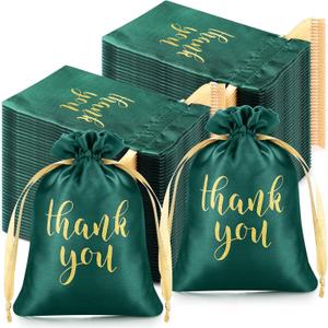 Roowest 100 Pcs Thank You Satin Gift Bags Drawstring Jewelry Candy Pouches for Wedding Bridal Shower Baby Shower Favor Drawstring Bag for Birthday Holiday Party(4 x 6 Inch,Dark Green)
