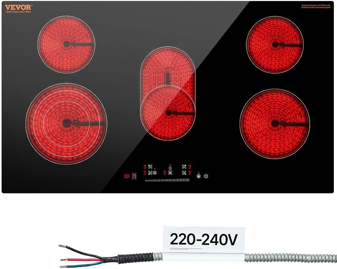VEVOR Electric Cooktop, 36 inch 5 Burners Built-in Electric Stove Top, 8600W Ceramic Top Radiant Cooktop with Glass Panel, Touch Control, Timer, Child Lock, 9 Heat Level, 220-240V, Hard Wire (No Plug)