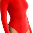 REORIA Womens Long Sleeve Bodysuits Fall Basic Round Neck Lightweight Double Lined Layering Slim Body Suit Tops (Red, L)