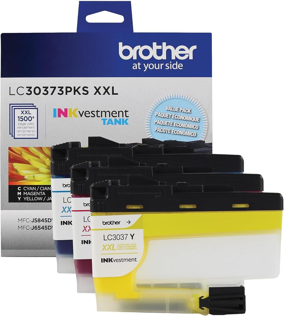 Brother Genuine LC30373PKS, 3-Pack Super High-Yield Color INKvestment Tank Ink Cartridges, Includes 1 Cartridge Each of Cyan, Magenta and Yellow Ink, Page Yield Up to 1,500 Pages/Cartridge, LC3037