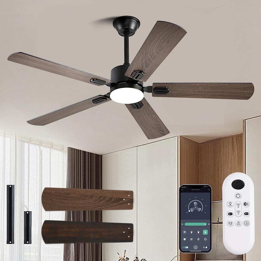 56inch Ceiling Fans with Lights and Remote/App Control, DC Reversible Motor, Noiseless, Dimmable, Low Profile Modern Ceiling Fan for Bedroom Indoor/Outdoor Use Brown