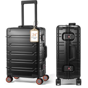 UrbanExplorer All Aluminum 24 Inch Check In Luggage Hard Shell Suitcases with Spinner Wheels and TSA Lock, Large Zipperless Luggage for Travel, Black