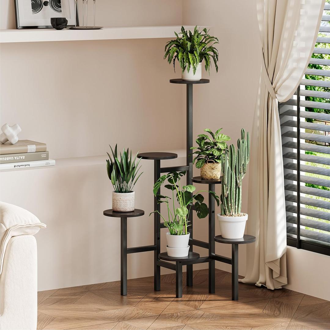 6 Tier Corner Plant Stand Indoor Outdoor, Tall Large Plant Shelf for Multiple Plants, Tiered Flower Pot Holder, Metal Display Plant Shelves for Living Room, Balcony, Patio, Garden (Black)GPS514B