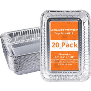 20 Pack Grill Drip Pans, Compatible with Weber 6415 Grill Accessories, Genesis, Traveler, Q Series, Disposable Aluminum, Foil Grease Trays 8.5" X 6" (20 Pack)
