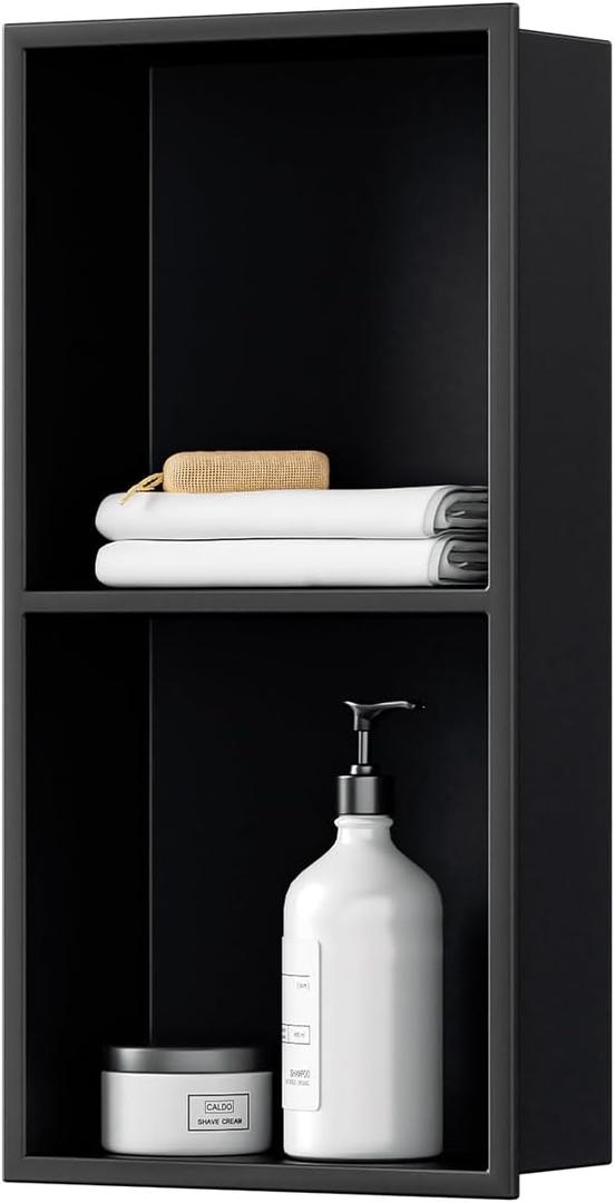 VHH 12"x24" No Tile Needed Shower Niche,Black Stainless Steel 2-Tier Recessed Wall Niche for Bathroom Shower Wall, 11"x23"x3.95"