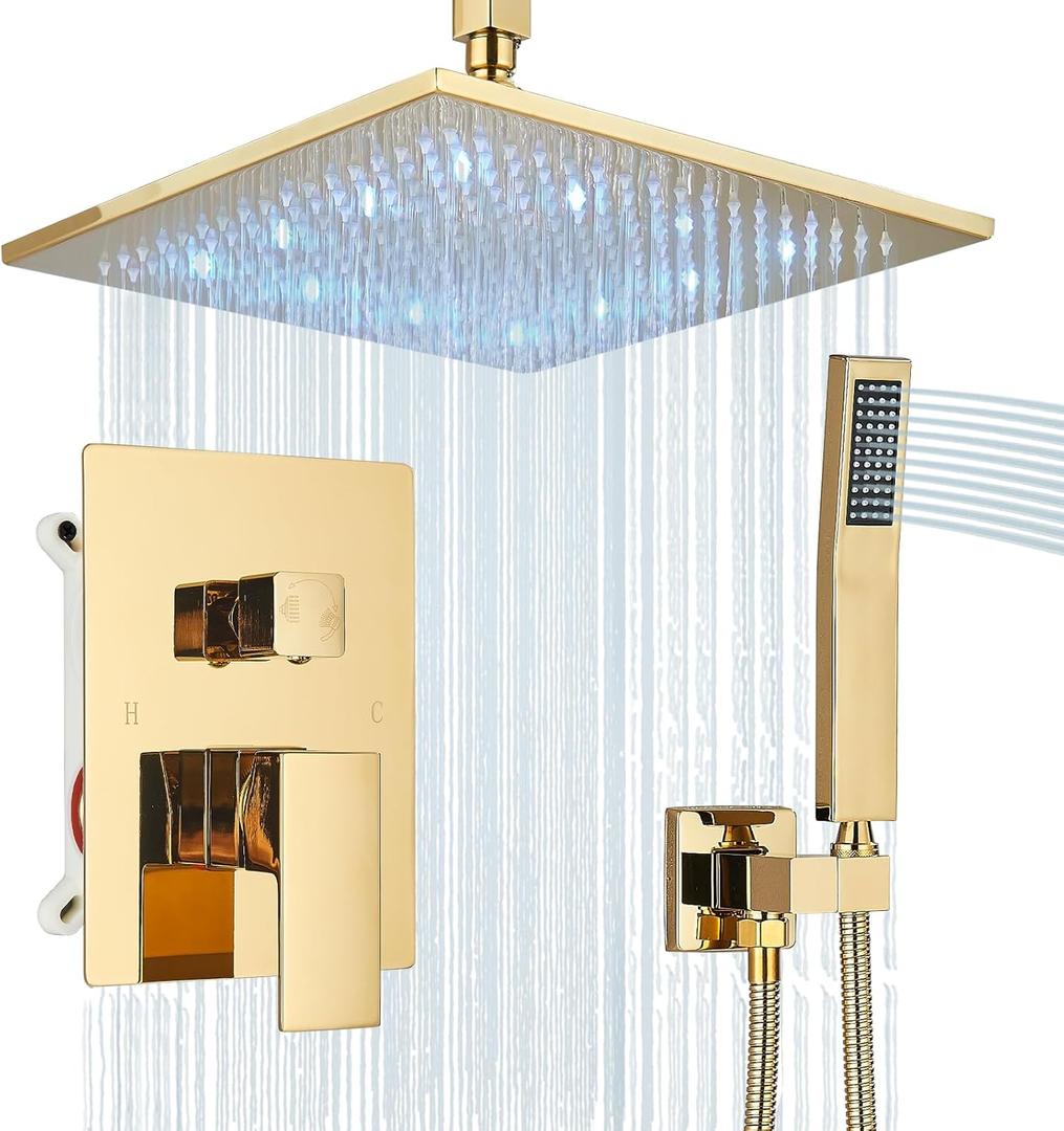 Polished Gold Shower System 12 Inch LED Square Rainfall Shower Head Ceiling Mount Shower Faucet Set with Hand Sprayer Rough-in Valve Trim Kit Bathroom Mixer Shower Combo Set