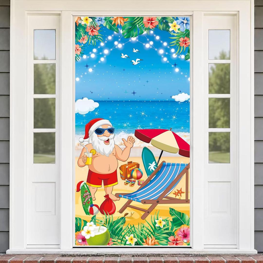 2 x 73 x 36 Inch Christmas Door Cover, Summer Christmas Beach Santa Door Banner with Palm Trees Ocean Tropical Design for Front Door Porch Party Decorations