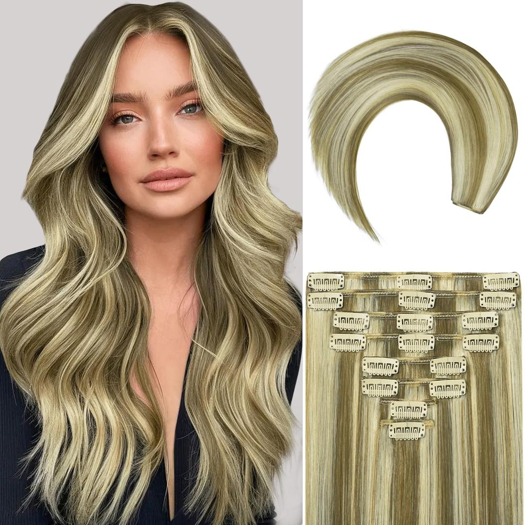 Blonde Clip in Hair Extensions, 18 Inch 100g/3.5oz, 8p613 Mixed Bleach Blonde, Invisible Seamless Straight Remy Blonde Hair Extensions Clip in 8pcs Per Set with Double Weft