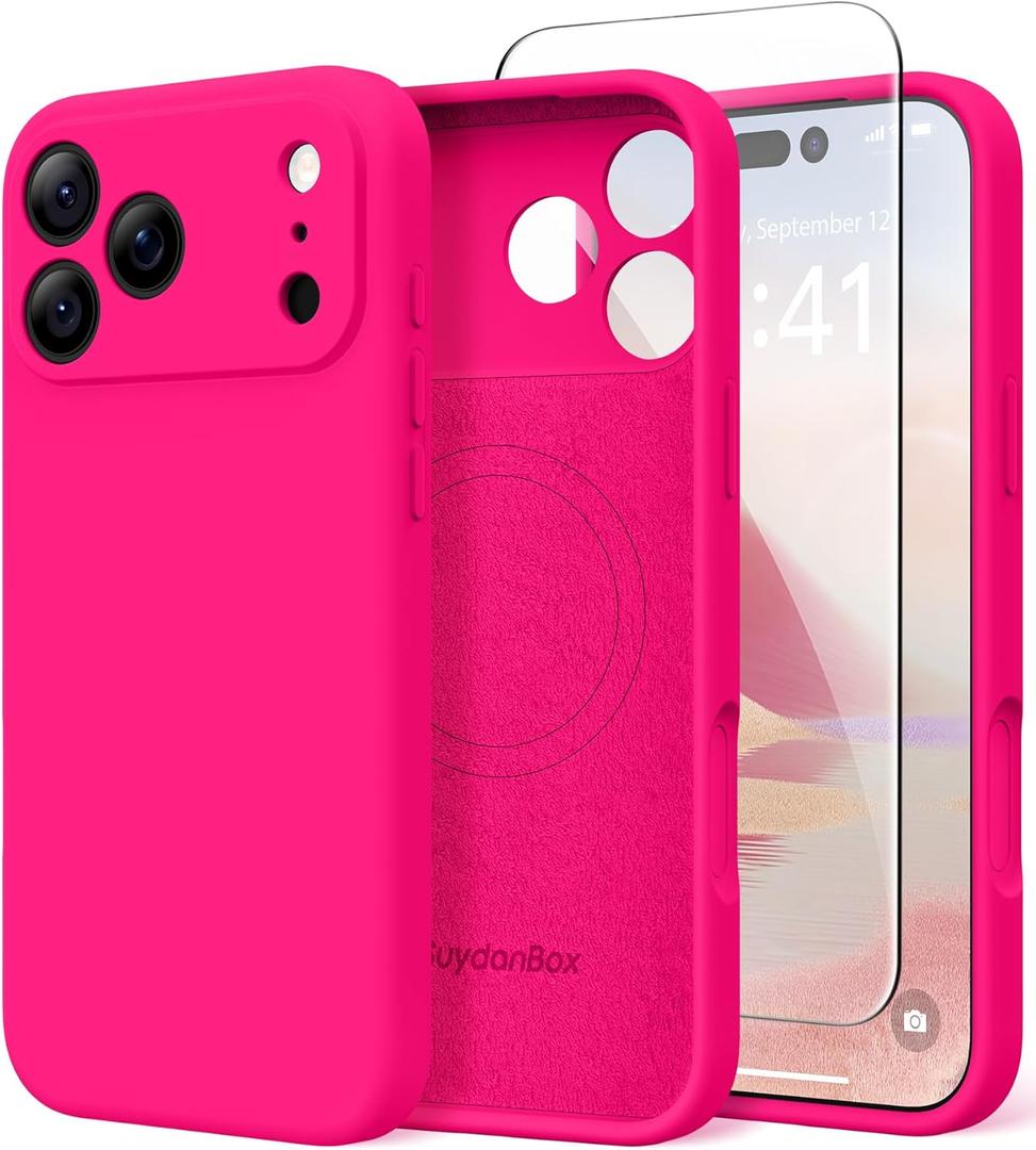 Magnetic for iPhone 17 Pro Max Case, Compatible with MagSafe, [Full Camera Protection][Screen Protector] Silicone Shockproof Protective Phone Case for iPhone 17 Pro Max 6.9", Hot Pink
