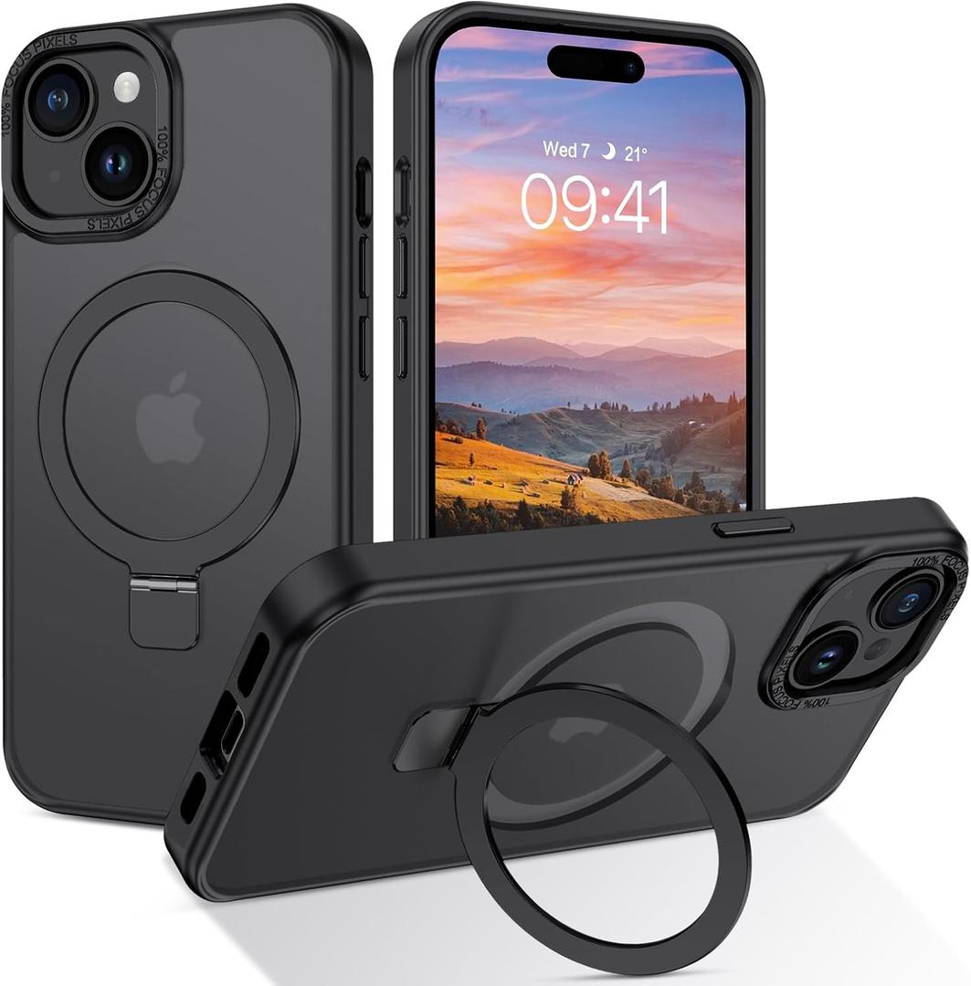 DUEDUE for iPhone 15 Plus Case Magnetic with Ring Stand[Compatible with Magsafe], Full Body Protective Cover Slim Shockproof Kickstand Phone Case for Apple iPhone 15 Plus 6.7", Black