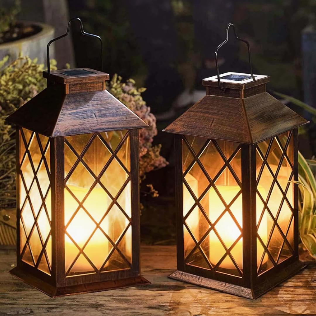 [2 Pack] TAKE ME 14" Solar Lantern Outdoor Garden Hanging Lantern Waterproof LED Flickering Flameless Candle Mission Lights for Table,Outdoor,Christmas Gifts Mom Wife