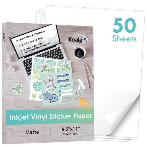 Koala Printable Vinyl Sticker Paper for Inkjet Printer - 50 Sheets Matte White Waterproof Sticker Printer Paper, 8.5x11 Inch, Work with Cutting Machine
