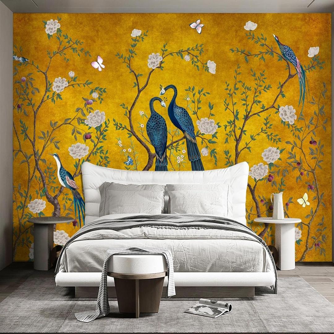 Golden Chinese Style Flowers Birds Large wall murals Peel and Stick Wallpaper for Bedroom Living Room - 58"x80"
