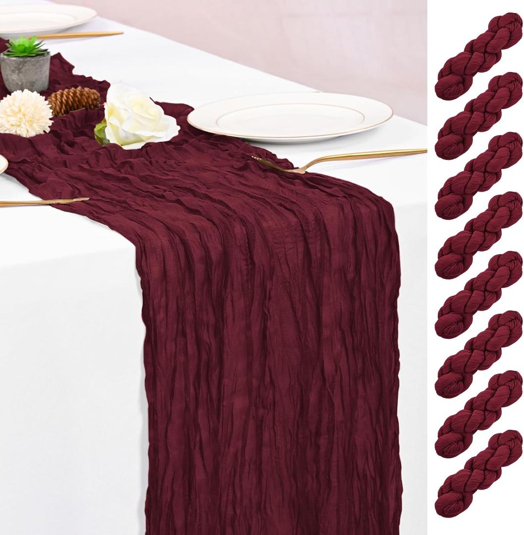 8 Pack Burgundy Table Runners 10FT Cheesecloth Table Runner Boho Gauze Table Runner Long Rustic Sheer Fabric Table Runners for Wedding Party Bridal Shower Farmhouse & Home Decor