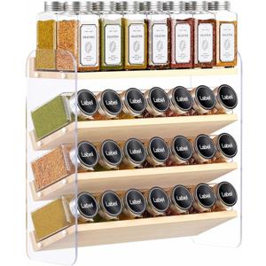 MUDEELA Clear Spice Rack Organizer for Cabinet, 4 Tiered Vertical Spice Shelf, Wooden Seasoning Organizer for Countertop, Kitchen, Pantry, Freestanding, 13.3" W 11.2" H (No Jars Included)