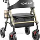 HOMLAND Walkers for Seniors with Seat, Foldable Rollator Walker, Reinforced Aluminum Frame, 8" Big Rubber Wheels for All Terrain, Height Adjustable Lightweight Rolling Walker (400 Pound, Champagne)