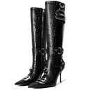 LACIKOSZ Black Knee High Crocodile Boots for Women Pointed Toe Slim Calf Sexy Stiletto High Heel Long Tall Boots with Slide Zipper Buckle Rivets, 8.5