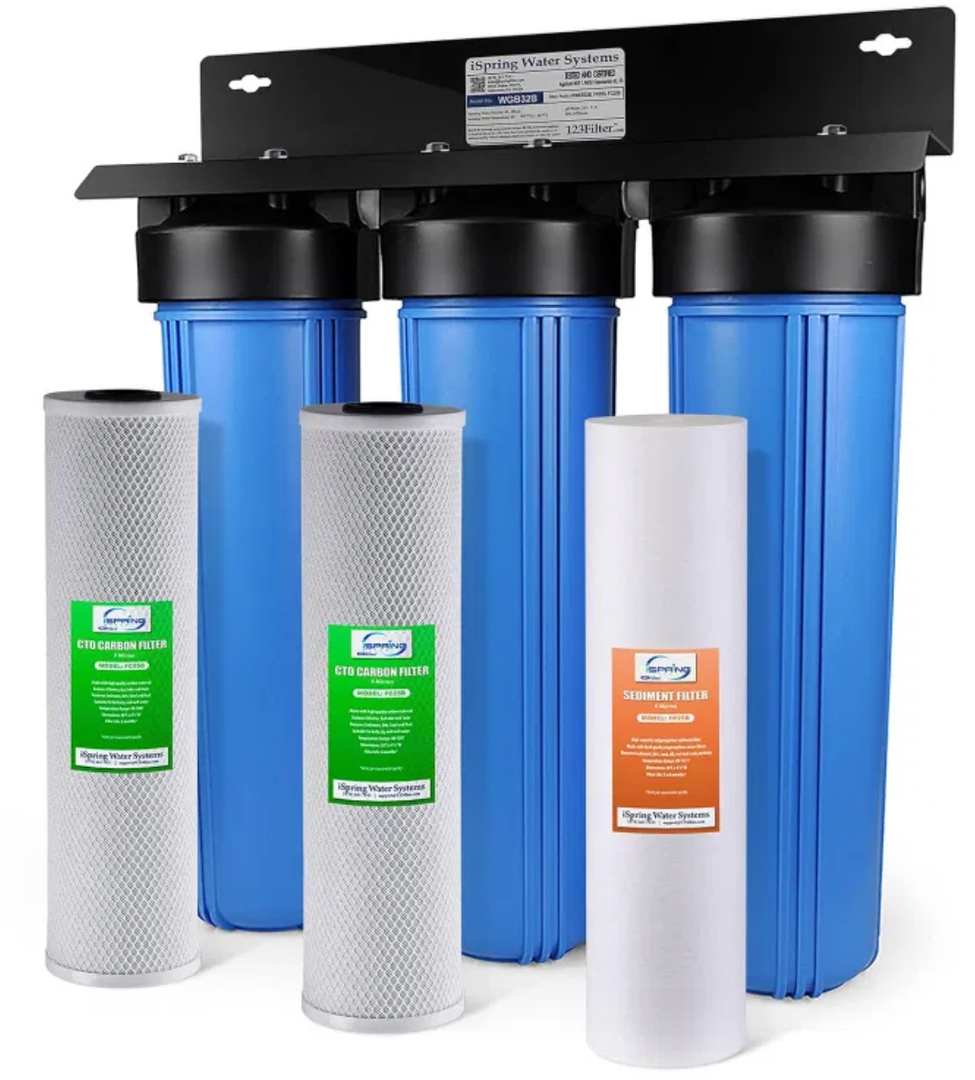 iSpring WGB32B Whole House Water Filter System, Highly Reduces Sediment, Taste, Odor, and up to 99% Chlorine, 3-Stage w/ 20-Inch Sediment and Carbon Block Filters, 1" Inlet/Outlet