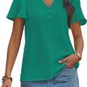 Womens Blouses Short Flutter Sleeve V Neck Chiffon Work Tops Casual Dressy Shirts Flowy Office Outfit 2025 Trendy (Green, XXL)
