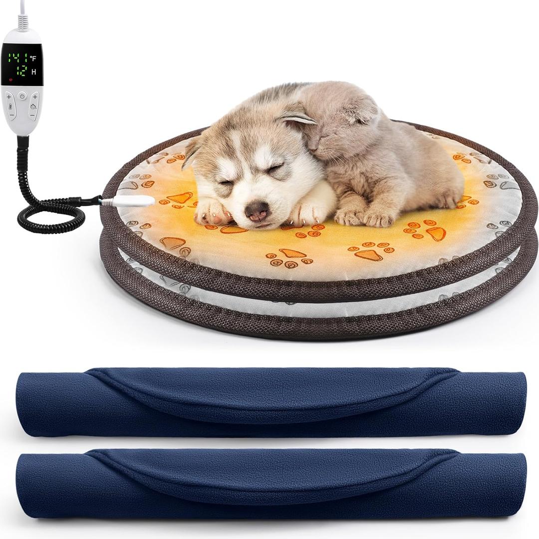 Riakrum 2 Pcs Cat Heating Pad Round 16 in Pet Heating Pad Waterproof Cat Warming Pad Adjustable Heated Dog Bed Pet Electric Heating Mat with Washable Cover Switch Anti Bite Steel Cord for Pet (Blue) (Blue)