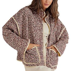 Omoone Women's Floral Quilted Cardigan Jacket, Short Length, Drop Shoulder, Batwing Sleeve, Multicolour, Padded Puffer, Cotton, Winter, Red Fall  Medium