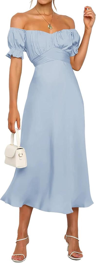 KIRUNDO Women's 2026 Spring Summer Satin Wedding Guest Midi Dress Off The Shoulder Wrap Party Cocktail Formal Prom Dresses, Large